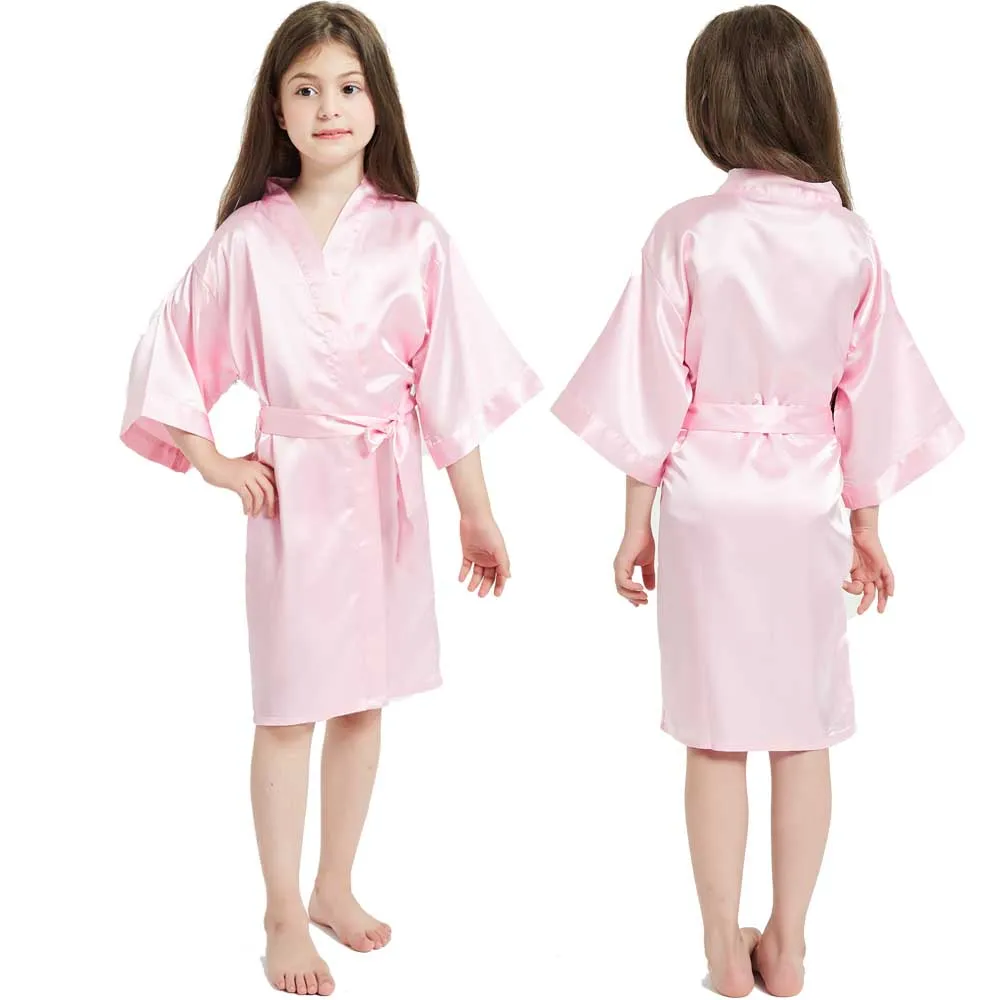 Flower Girl Satin Robe Bath Party Pink Children Silk Kimono Robes Solid Toddler Kids Pajamas for Spa Wedding Birthday Nightgown - Image 5