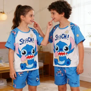 Summer Children Pajamas Sets Boys 3 4 5 6 7 8 9 10 11 12 Years Stitch Loungewear Girl Pijama Rabbit LinaBell Pink Blue Short Set