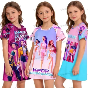 Kpop Demon Hunters Girls Nightdress 2 3 4 5 6 8 10 11 Years Toddler Pajama Dress Summer Kids Nightwear Anime Princess Nightgown