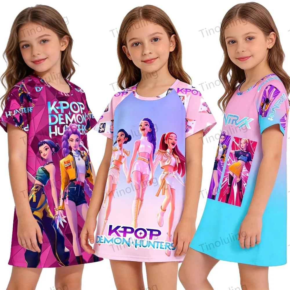 Kpop Demon Hunters Girls Nightdress 2 3 4 5 6 8 10 11 Years Toddler Pajama Dress Summer Kids Nightwear Anime Princess Nightgown