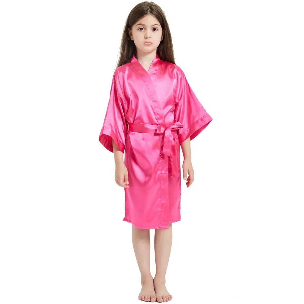 Flower Girl Satin Robe Bath Party Pink Children Silk Kimono Robes Solid Toddler Kids Pajamas for Spa Wedding Birthday Nightgown - Image 2