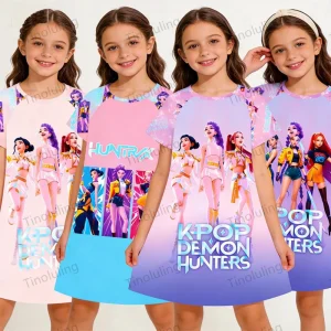 3 to 12 Years Little Girl Nightgown Summer Night Dress Kpop Demon Hunters Pajamas Cute Pink Blue Kids Nightdress Girls Sleepwear