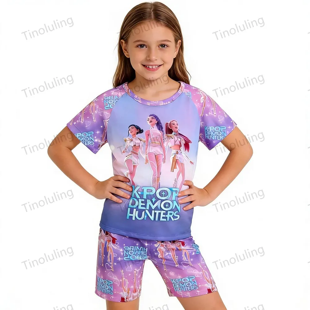 Kpop Demon Hunters Girls Pajamas Sets Kids Toddler 3 4 5 6 7 8 9 10 11 12 Years Summer Pjs Children Pijamas Pink Purple Clothing - Image 2