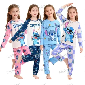 Boys Girls Pajamas Sets 3 to 4 5 6 7 8 9 10 11 12 Years Stitch Long Sleeve Pijama Pink Blue Bear Frozen Elsa Princess Pyjama Set