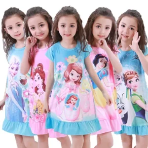 Girls Nightdress Kids 3 to 4 5 6 7 8 9 10 11 Years Summer Short Sleeve Toddler Nightgown Mermaid Frozen Princess Elsa Sleepwear