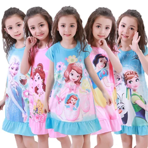 Girls Nightdress Kids 3 to 4 5 6 7 8 9 10 11 Years Summer Short Sleeve Toddler Nightgown Mermaid Frozen Princess Elsa Sleepwear