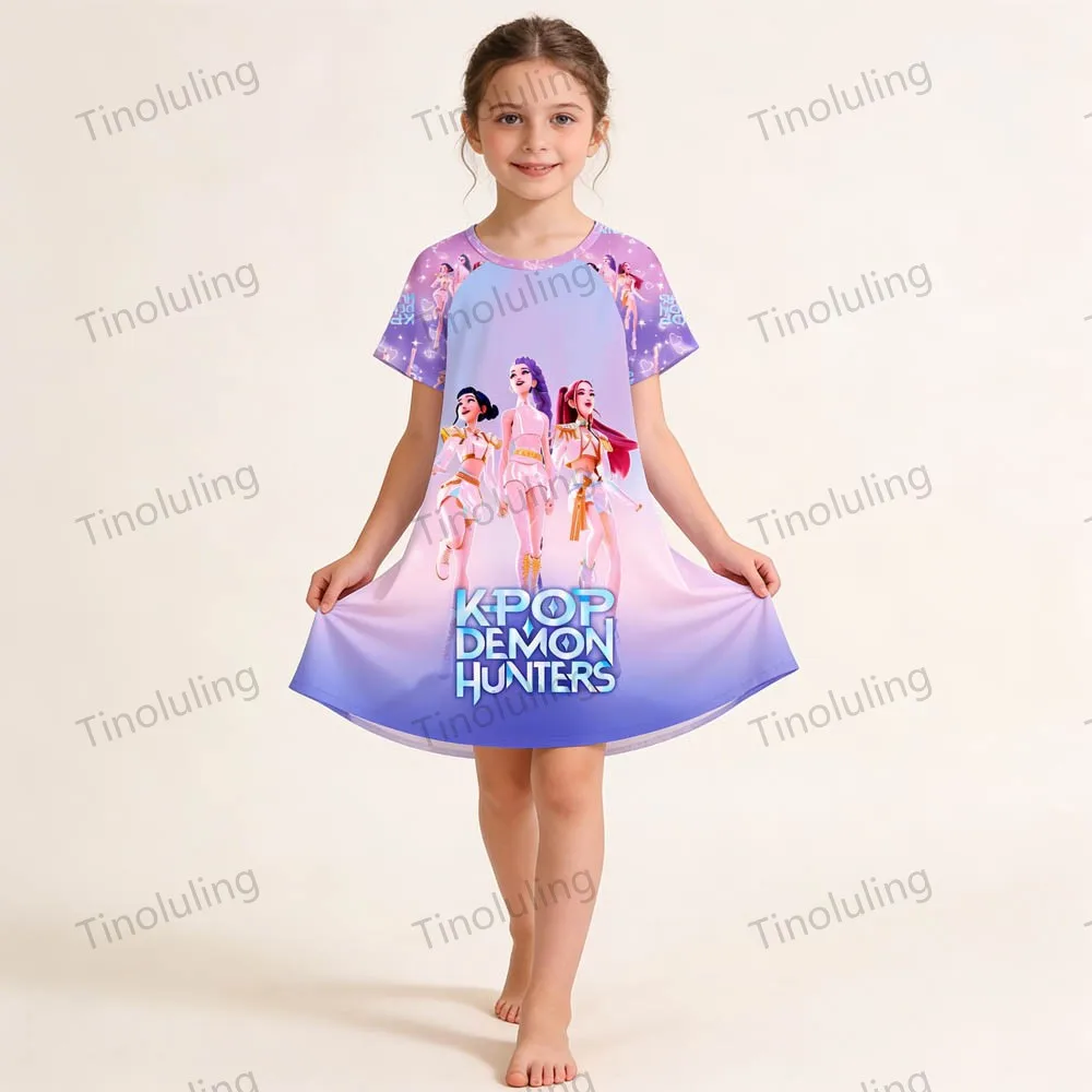 3 to 12 Years Little Girl Nightgown Summer Night Dress Kpop Demon Hunters Pajamas Cute Pink Blue Kids Nightdress Girls Sleepwear - Image 3