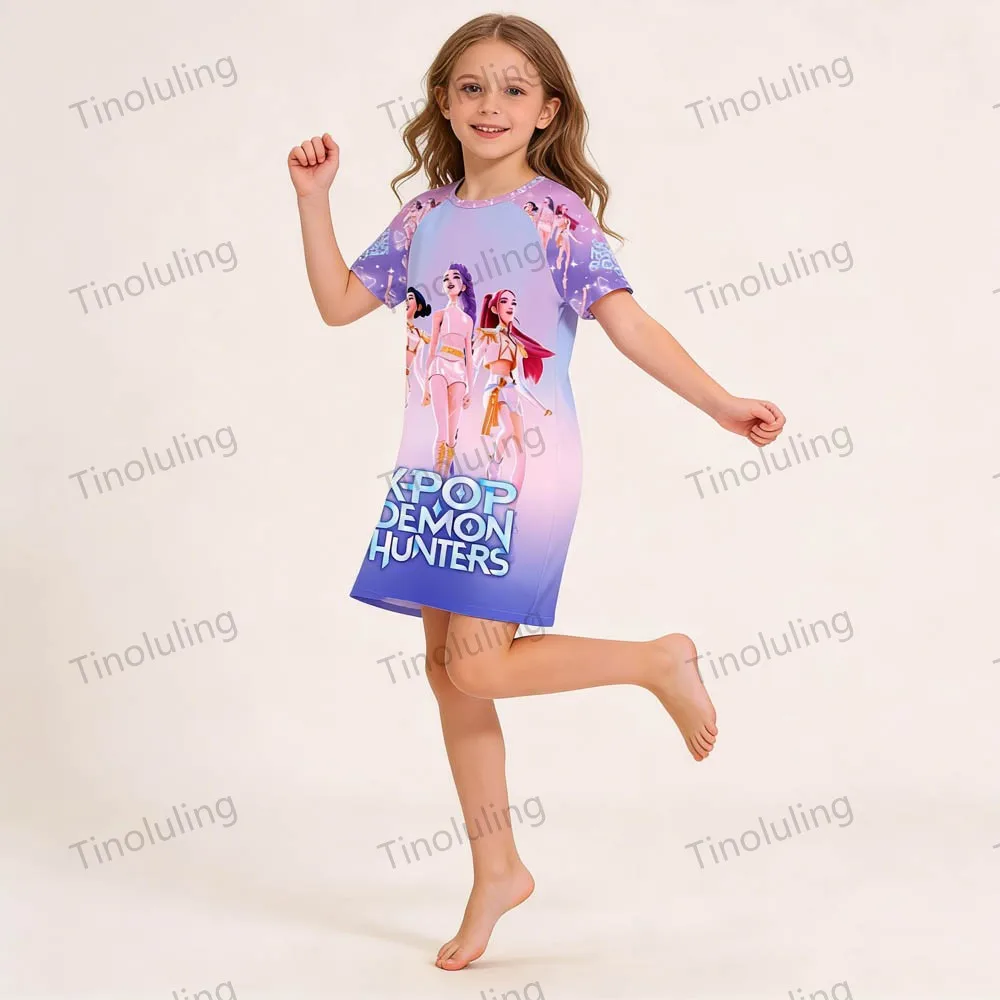 3 to 12 Years Little Girl Nightgown Summer Night Dress Kpop Demon Hunters Pajamas Cute Pink Blue Kids Nightdress Girls Sleepwear - Image 4