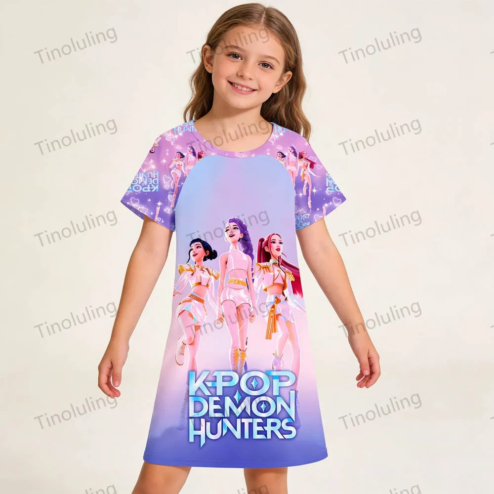 3 to 12 Years Little Girl Nightgown Summer Night Dress Kpop Demon Hunters Pajamas Cute Pink Blue Kids Nightdress Girls Sleepwear - Image 2