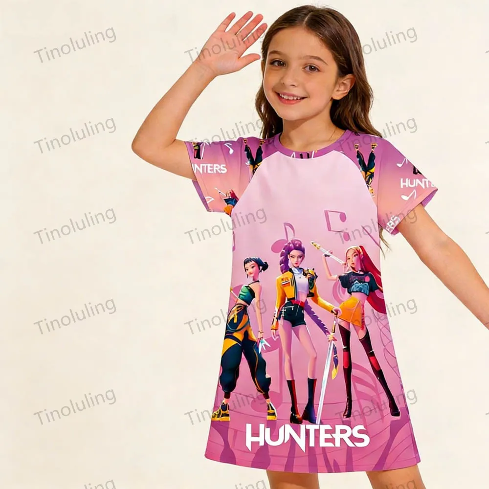 3 to 12 Years Little Girl Nightgown Summer Night Dress Kpop Demon Hunters Pajamas Cute Pink Blue Kids Nightdress Girls Sleepwear - Image 5